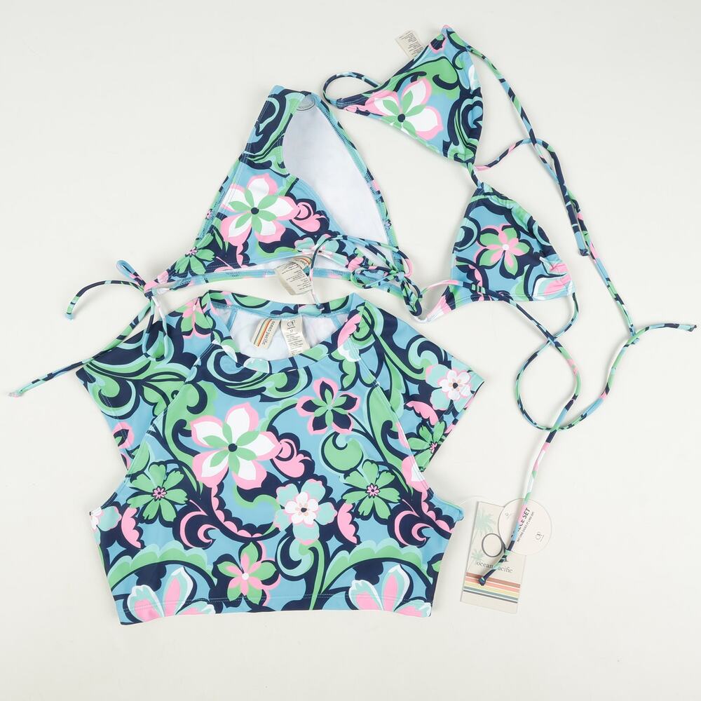 NWT Ocean Pacific OP Womens M 3 Piece SwimSuit Set Blue Floral Rash Guard Bikini